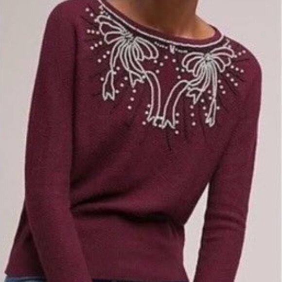 RARE Field Flower Anthropologie sz M maroon sweater pearls beads bow holiday - Picture 4 of 8